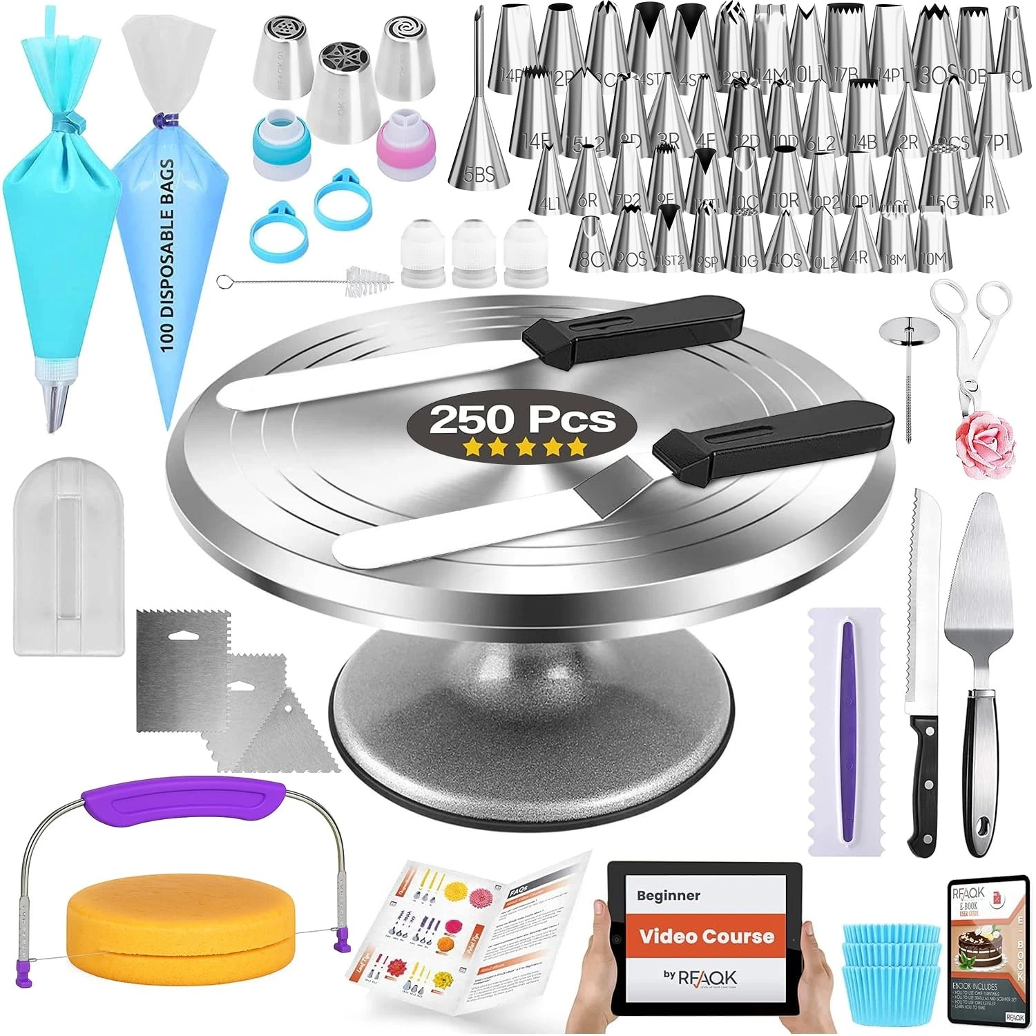 250 PCs Aluminum Cake Decorating Tools Kit with 12 Metal Turntable Knife set...