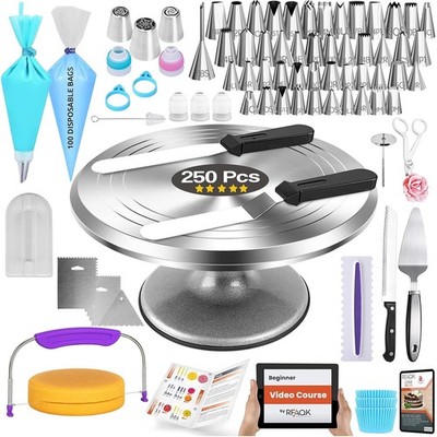 250 PCs Aluminum Cake Decorating Tools Kit with 12 Metal Turntable  Knife set...