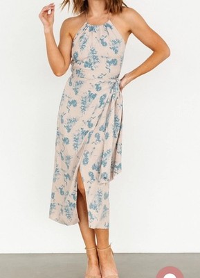 Baltic Born - Nicole Faux Wrap Midi Dress - Natural + Blue - New - MEDIUM