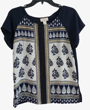 LOFT OUTLET Women’s Sz Xs Navy Blue Paisley Floral Print Blouse Ss