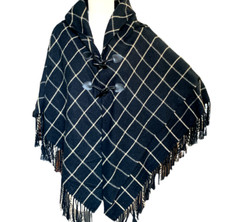 Croft  Barrow Plaid Fringed Poncho Shawl Wrap One Size Black 63A