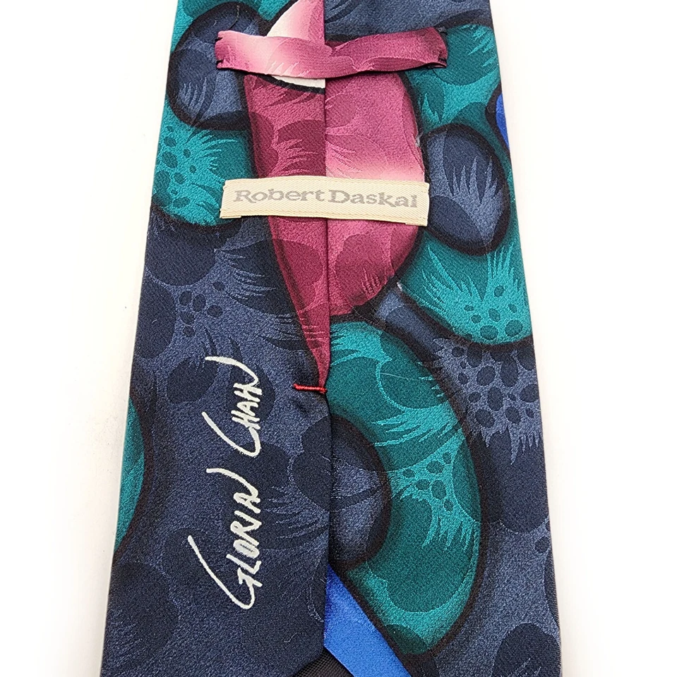 Corbata Robert Daskal pintada a mano 100 % seda firmada por artista abstracta cosida a mano Foto 3 de 4