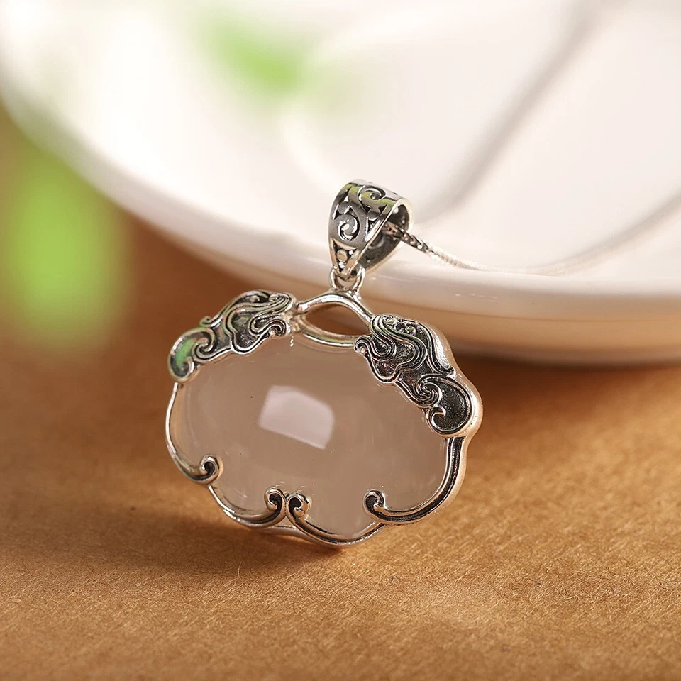 I03 Ciondolo Due Drago Creature Mitiche Sur Bianco Calcedonio Argento Sterling - Immagine 2 di 4