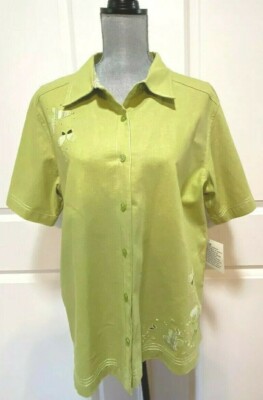 ERIKA WOMAN NWT Women s Green Linen Blend Embellished Blouse Butterflies-Size 1X