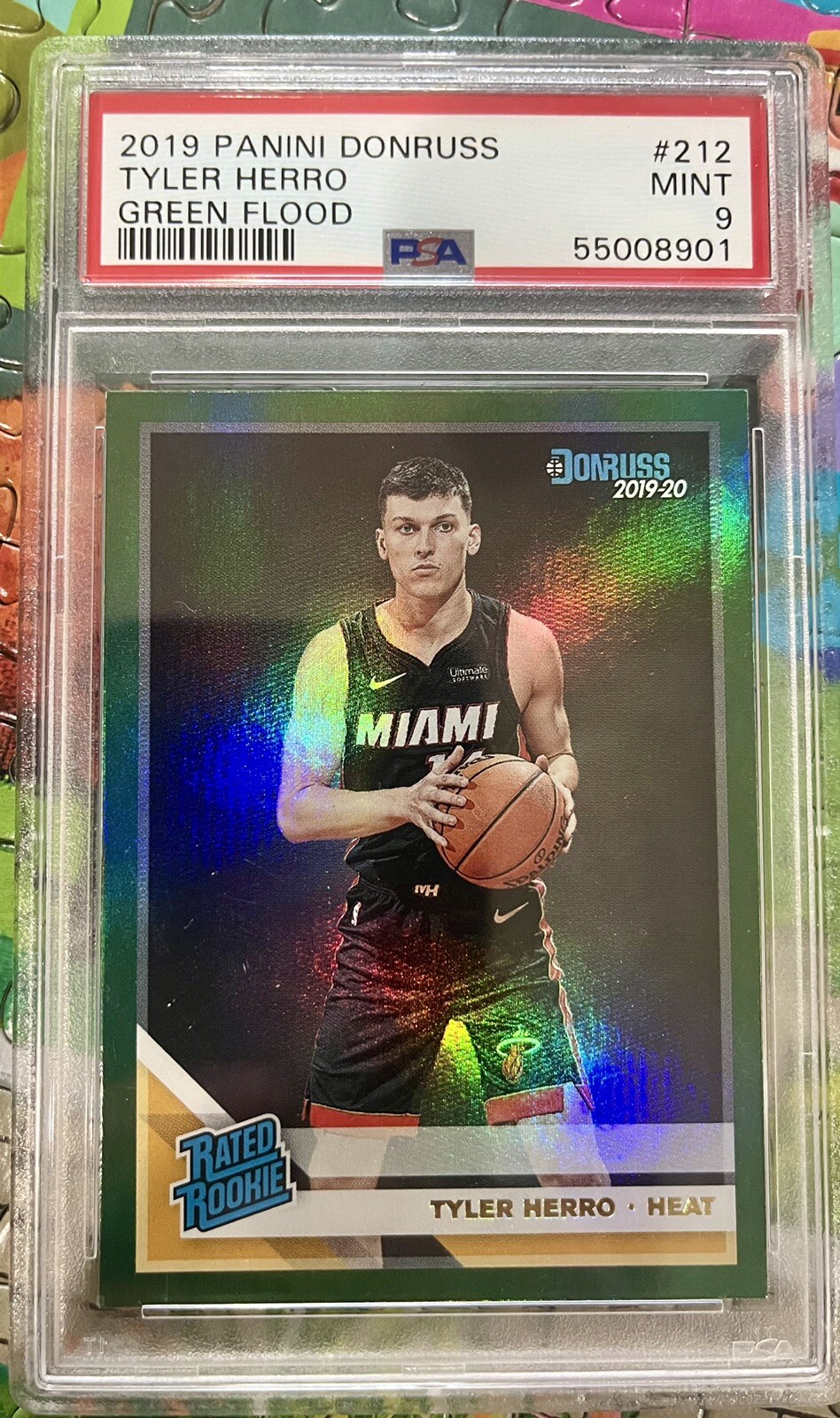Tyler Herro 2019 Panini Donruss Rated Rookie Green Flood No. 212 PSA 9