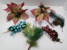Lot of Christmas Pink Poinsettia Floral Bush Picks -Teal Burgundy Berries