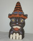 Vintage Black Halloween Cat Witch on Fence Terra Cotta Crackle Finish — photo 1