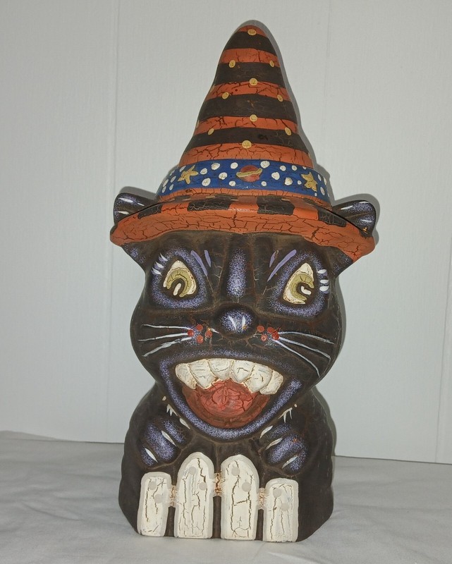 Vintage Black Halloween Cat Witch on Fence Terra Cotta Crackle Finish