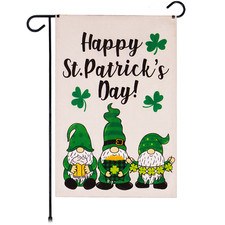 Garden Flag St. Patrick's Day Three Leprechaun Gnomes Shamrock 12"x18" Burlap
