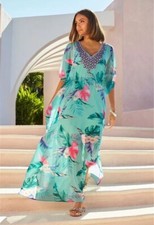 BOSTON PROPER Turquoise Rhinestone Embellished Floral Print Maxi Gown Dress S 6