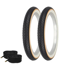 2 BICYCLE WIRE BEAD TIRE 16" X 1.75" SMALL BRICK WHITEWALL YELLOW LINE & TUBES.