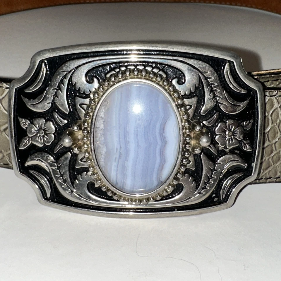 Cinturón Gris Nocona Cuero Genuino Azul Ágata Piedras Preciosas Hebilla Talla 30 Bonita Pátina Foto 2 de 4