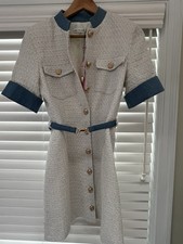 Avec Les Filles Ivory Denim Short Sleeve Button Front Belted A-Line Dress Size 4