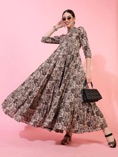 Indian Women Brown Cotton Floral Printed Anarkali Flared Kurta Kurti Long Dress