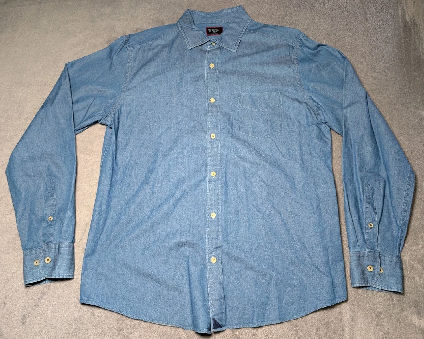 UNTUCKit Mens Large Slim Denim Penfolds Button Down Shirt Blue Cotton Chambray