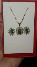 Emerald And Diamond 9ct Gold 18 Inch Necklace And Earrings Set