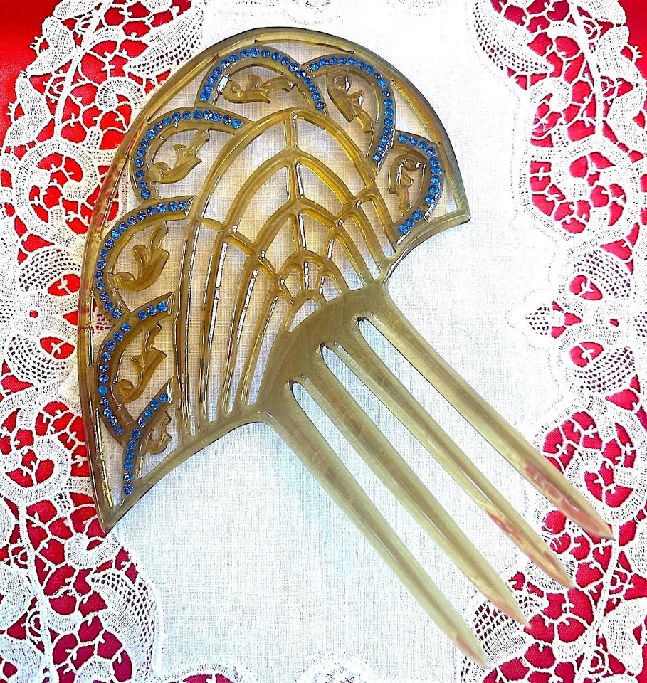 Peine de pelo Art Deco antiguo vintage - mantilla celuloide pedrería azul claro Foto 2 de 4