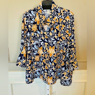Multiples NWT 3X Wire Collar Button Down Navy Floral Blouse Top Jacket Shacket