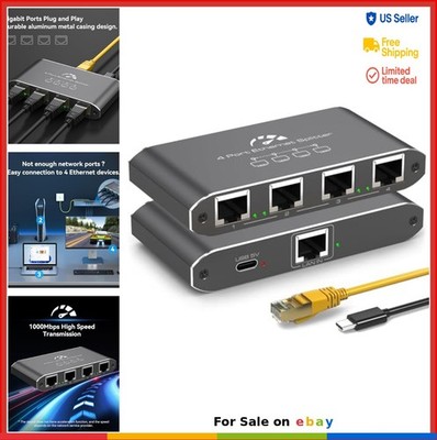 Ethernet Splitter 1 to 4 1000Mbps Gigabit RJ45 LAN Adapter with 5ft Cable USB
