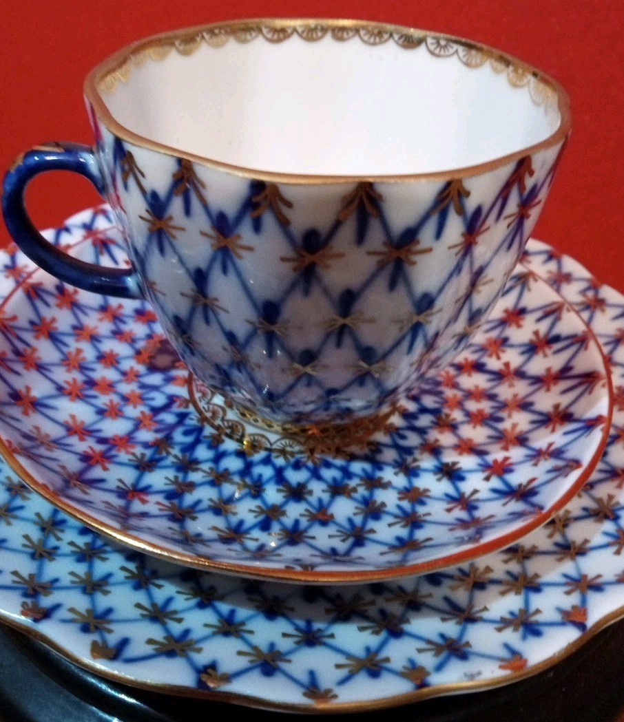 Vtg Lomonosov Russia Porcelain Cobalt Net Tulip Tea cup Saucer Dessert Plate 3pc