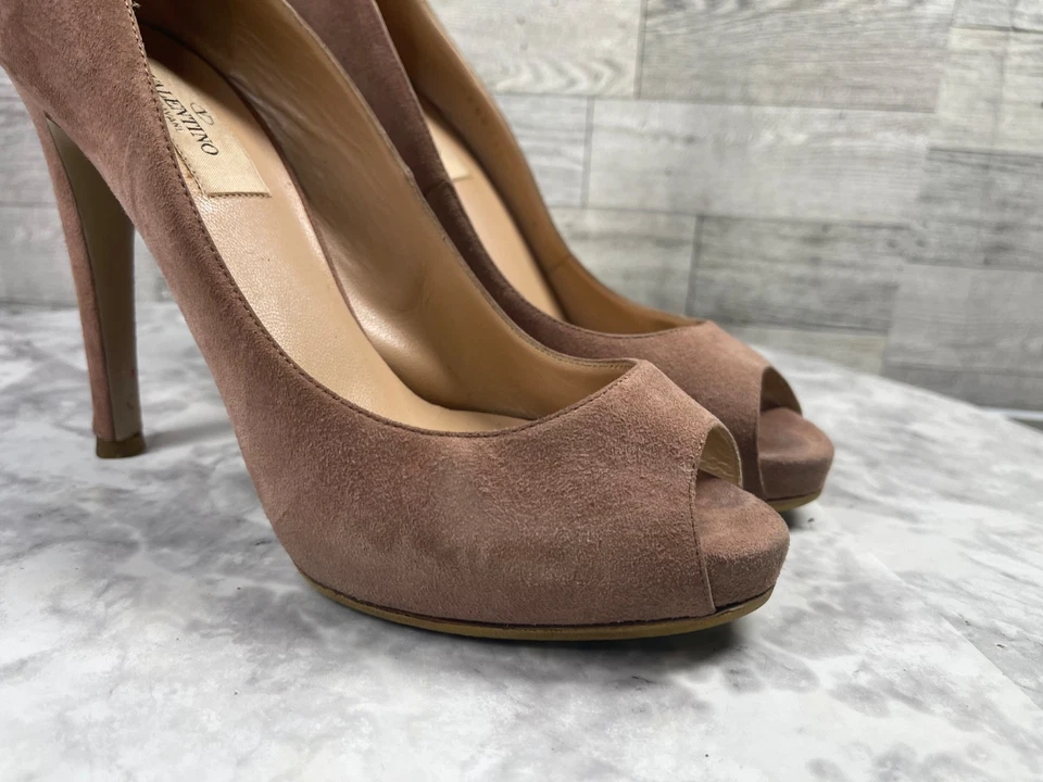 Valentino Garavani Heels Women 7M Shoes Brown Red Suede Platform Peep Toe Pumps - Image 2 of 4