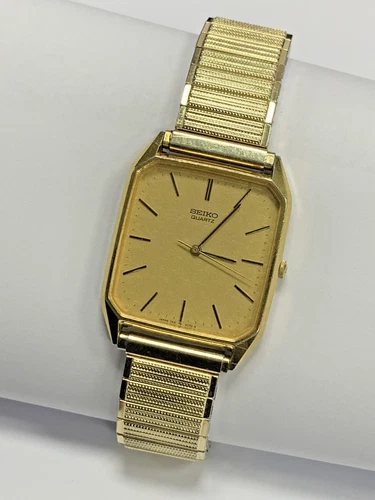 Vintage Seiko Quartz Tank Watch Men 7431-5049 Square Textured Dial Gold Toned
