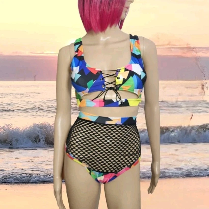 buntes High Waist Bikini Set mit Netzoptik L XL 42 44 hohe taille hose damen neu - Bild 2 von 4