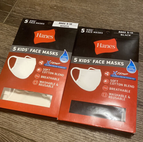 Hanes (2) 5pk Face Masks 100% Cotton Reusable Washable Kids Ages 5-12 1blk 1wh