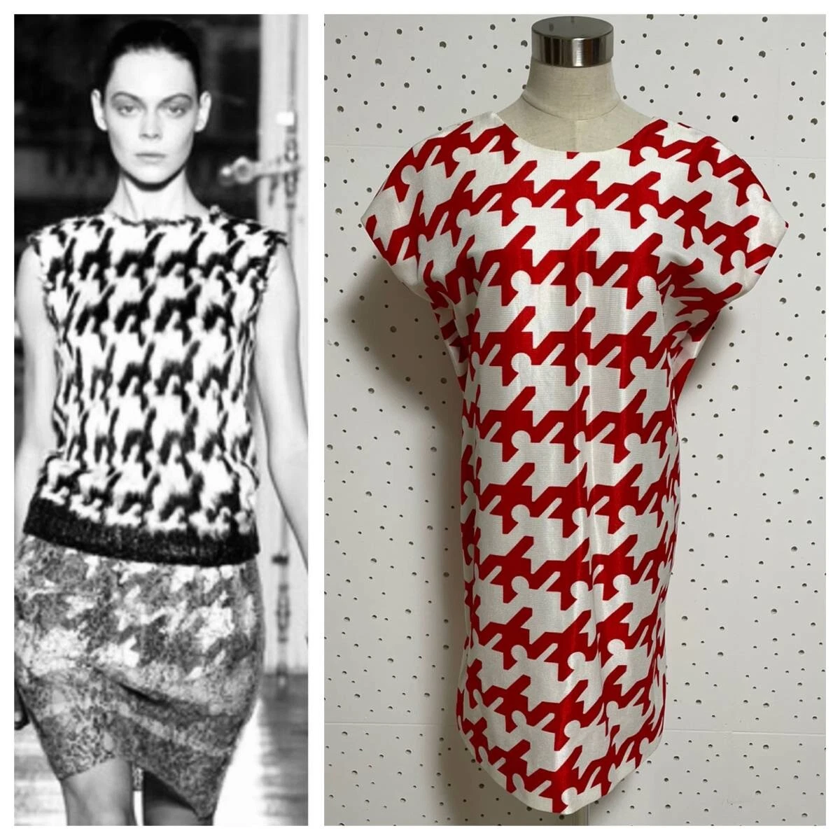 Autentico abito Balenciaga pied de poule manica francese 38 rosso x bianco rosso