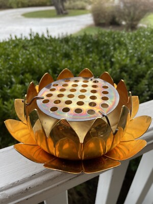 Vintage Centerpiece Gold Flower Frog Silver Plate Lotus Floral