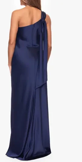 open lace back dress Xscape Petite One-Shoulder Applique Ball Gown - Blue Gold