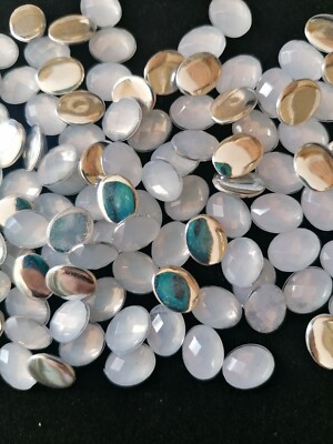 100 Acryl Oval Facettiert Milchig Weiß Flach Silber Rückseite Halb Perlen - 8x10x3 mm