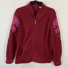 Bob Mackie Wearable Art Jacket Women  s XL Red Embroidered Floral Full Zip Fleece