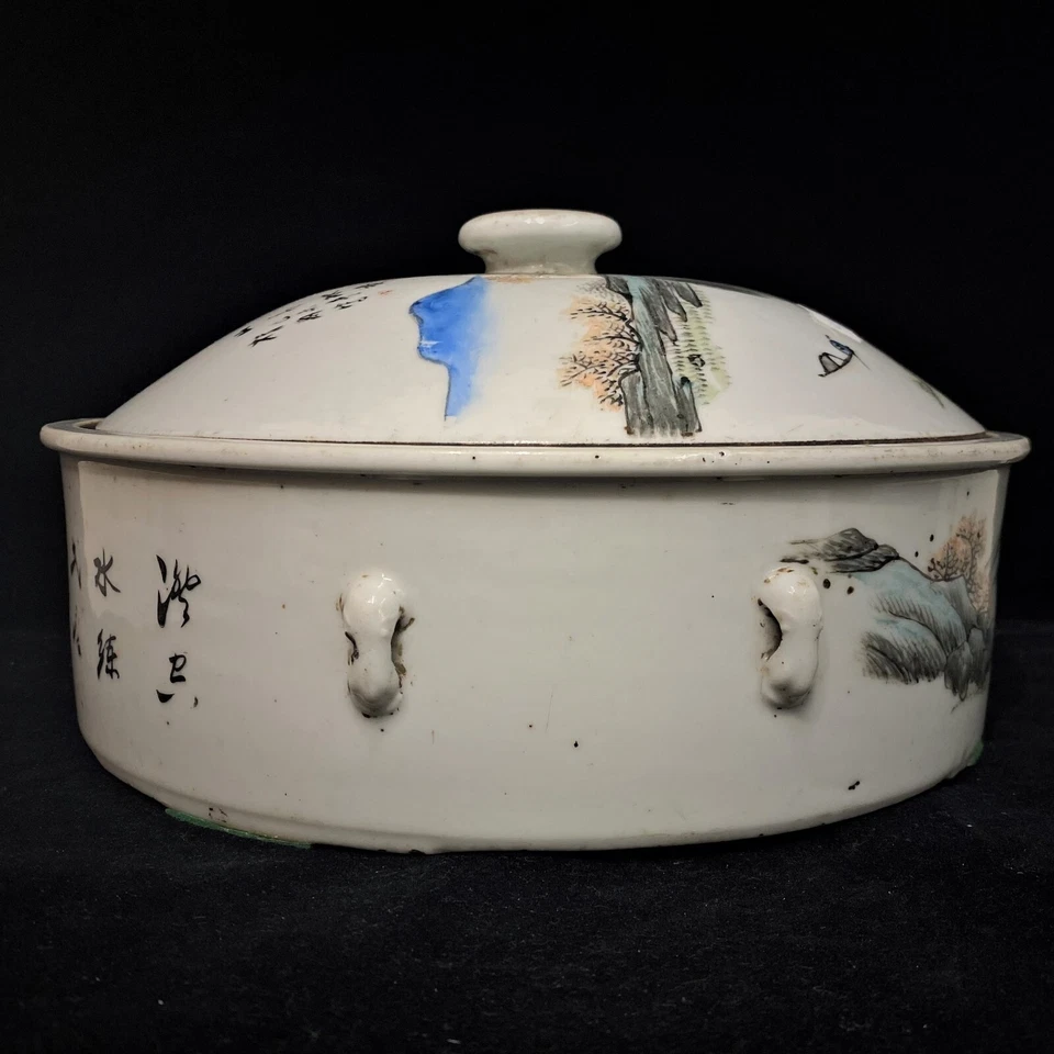 Caixa de porcelana chinesa antiga família rosa com tampa - Imagem 4 de 4