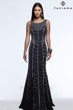  478 FAVIANA s7568 Stretch Tulle Beaded Black/Silver Evening Dress Sz 8