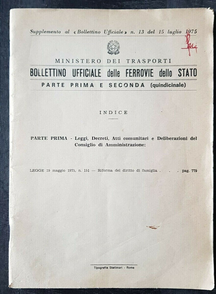 Bollettino Ufficiale Ferrovie dello Stato – Supplemento n.13 – 15 luglio 1975