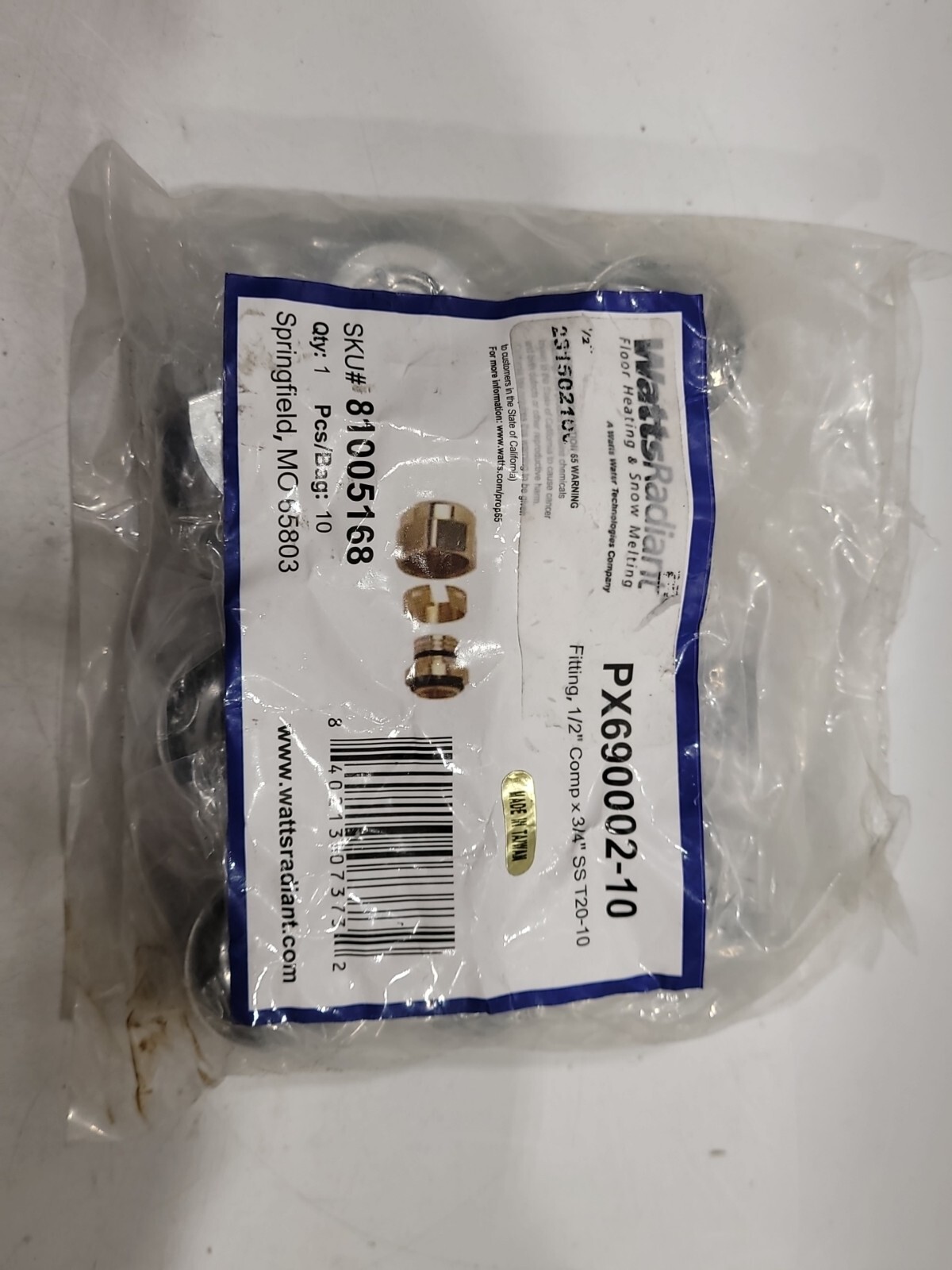 Watts Radiant 81005168 1/2" PEX Compression x 3/4" SST20 Swivel BSP 10-Pack