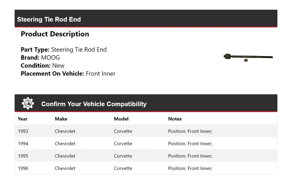 Para Chevrolet Corvette 1993-1996 extremo de barra de dirección interior delantero MOOG 1993 1994 Foto 2 de 4