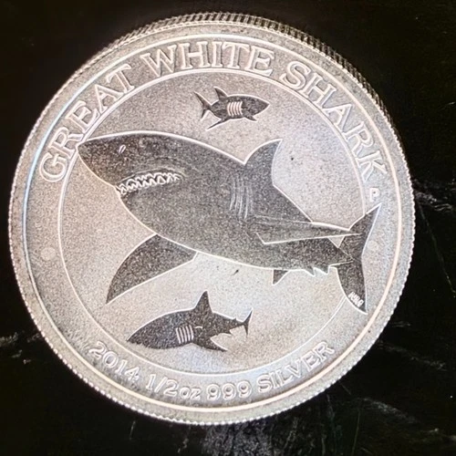 2014 Great White Shark Perth Mint Australia Vtg Bullion-0.999 Silver 1/2 Oz Coin