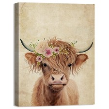Highland Cow Canvas Wall Decor Funny Cow with Pink Flowers Wall Art Print Ret...