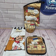 4 Piece Bistro Fat Chef Dish Towel Set-Towel, 2 Pot Holders, Oven Mitt