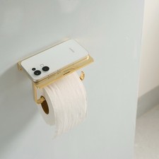 Unlacquered Brass Toilet Paper Holder With Phone Shelf, Shelf Toilet Roll Holder