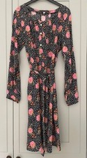 Really Wild 100% Silk Dress Size 10 Navy pink floral, belted, pockets, Exc cond