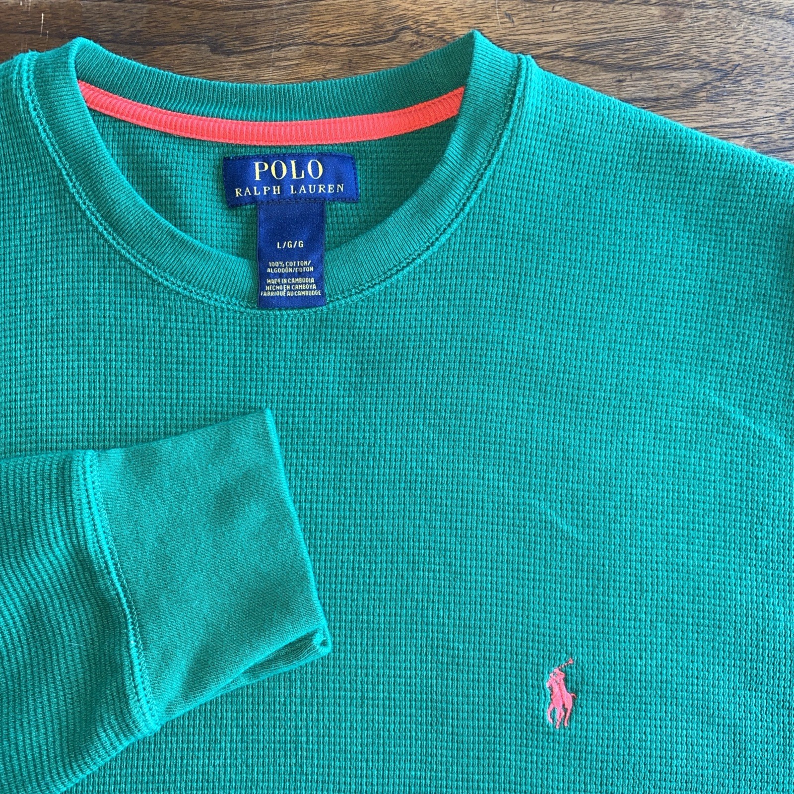 Polo Ralph Lauren camicia L verde waffle termica manica lunga girocollo arancione pony