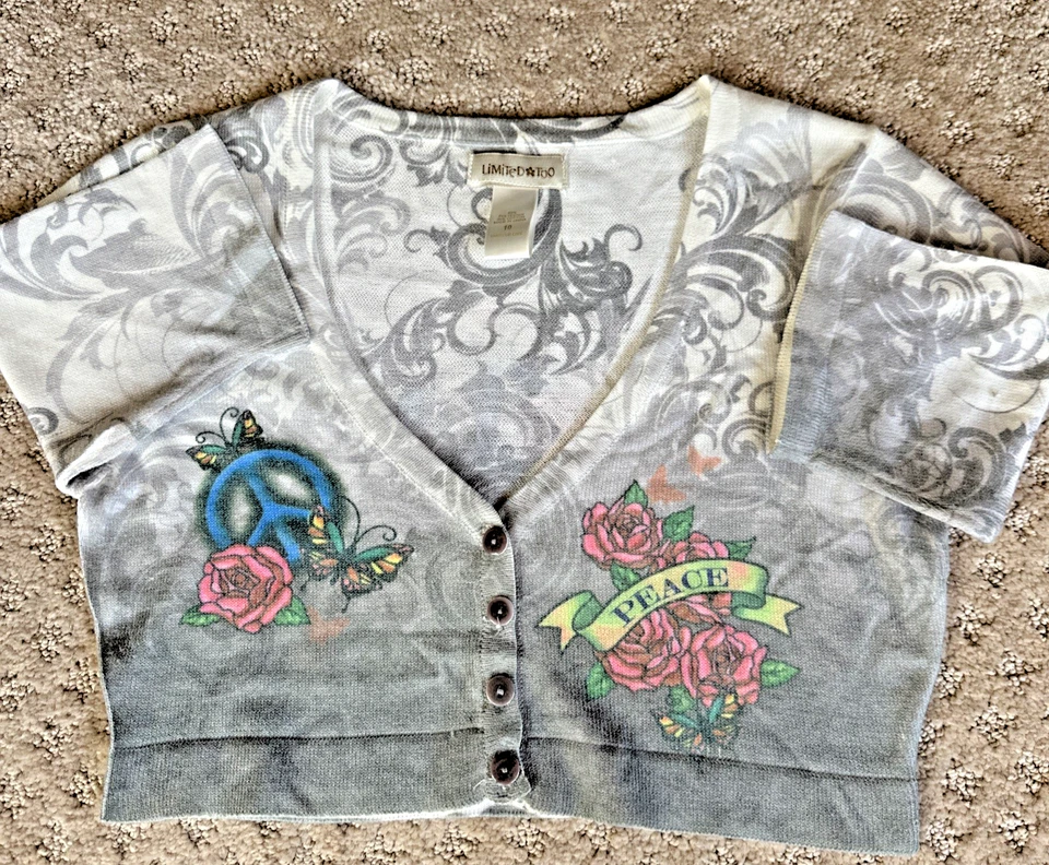 Limited Too Gray Peace Cropped Button Sweater Shrug Girls Size 10 - Image 2 of 4