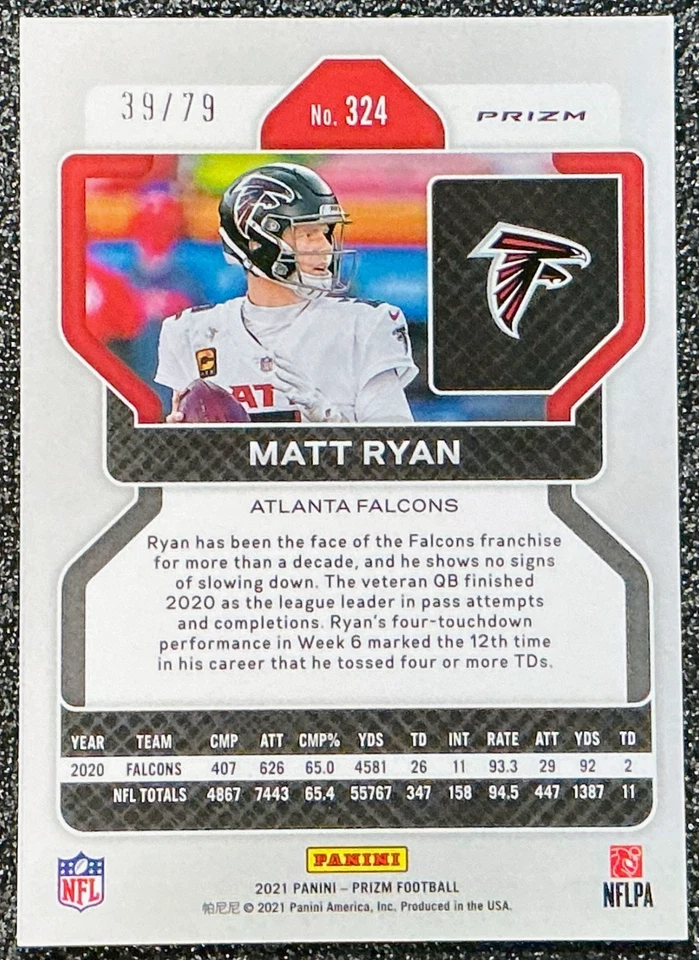 Matt Ryan 2021 Panini Prizm #324 No Huddle Blue Prizm /79 - Falcons - Image 2 of 2