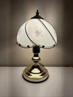 Vintage 3-Way Touch Lamp with Blue Floral Glass Panels and Brass Tone Base 14”
