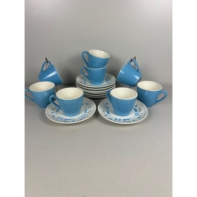 Vintage Mid Century Modern Atomic Kitchen Blue Tea Coffee Cup Saucer Set of Two
