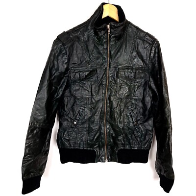 JACK & JONES Men's Bomber Leather Jacket Size S Black Full Zip Ribbed Hem