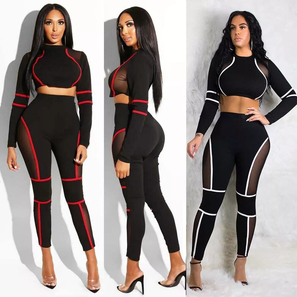 Women's Sexy Mesh 2 Piece Outfits Club Jumpsuits Long Sleeve Crop Top Pants  Sets